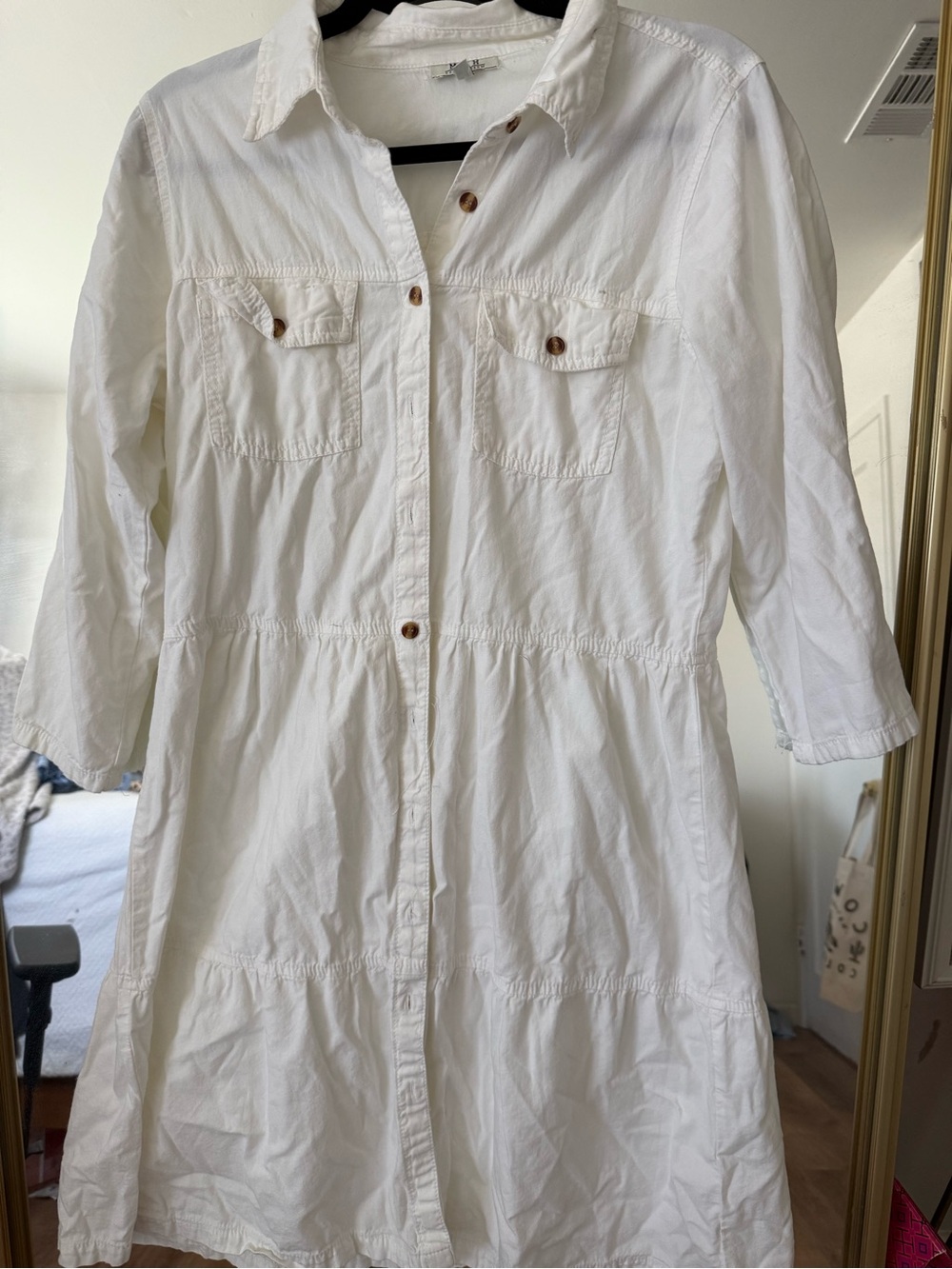 Button-Front White Midi Shirt Dress